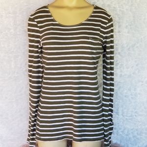 Olive Green & White Stripe Long Sleeve Tee Size M